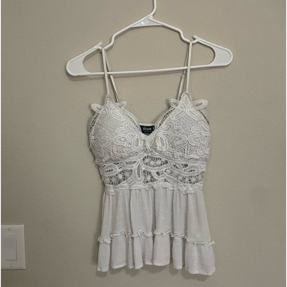 Blue B white lace tank top SIZE SMALL (built in padding and adjustable straps)